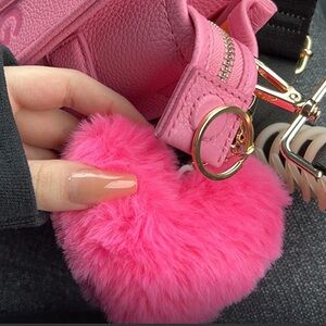 Faux fur bag charm heart fluffy hot pink